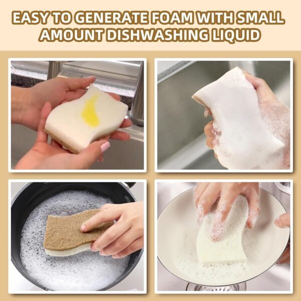 Biodegradable Natural Kitchen Sponge, Compostable Cellulose and Coconut Scrubber Eco-Friendly Dishwashing Sponge, 12 Pack Household Cleaning Foam for Dishes - Image 2