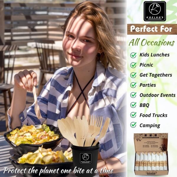 KOELHO'S Bamboo Cuterly Set 24, Pre Rolled Napkin Cutterly Set, Silverware Set Disposable 100% Natural - Bamboo Utensils Set - Disposable Cutlery - Bamboo Silverware - Compostable Cutlery - Image 5