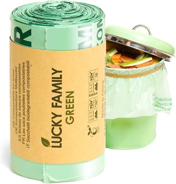 Lucky Family Green Compost Bags for Kitchen Countertop Bin -1.3 gallon trash bags to 1.6 Gallon trash bags - 100% Compostable Trash Bags for Food Waste, Organic Biodegradable Trash Bags - 50 Bags Roll - Image 7