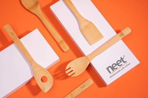 Neet Wooden Spoons For Cooking 6 Piece Organic Bamboo Utensil Set With Holder Wood Kitchen Utensils Spatula Spoon For High Heat Stirring In Nonstick Pots & Pans Quality Gift & Everyday Use - Image 8