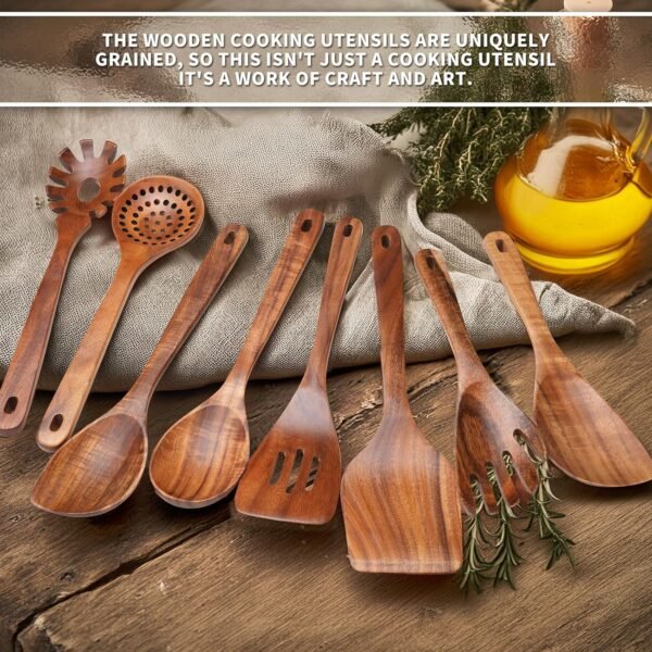 9 PCS Kitchen Utensils Set - Wooden Spoons for Cooking, Natural Teak Wooden Utensils - Includes Wooden Spoons, Spatula Set, Slotted Spoon - Handmade Wooden Spoon Set - Image 2
