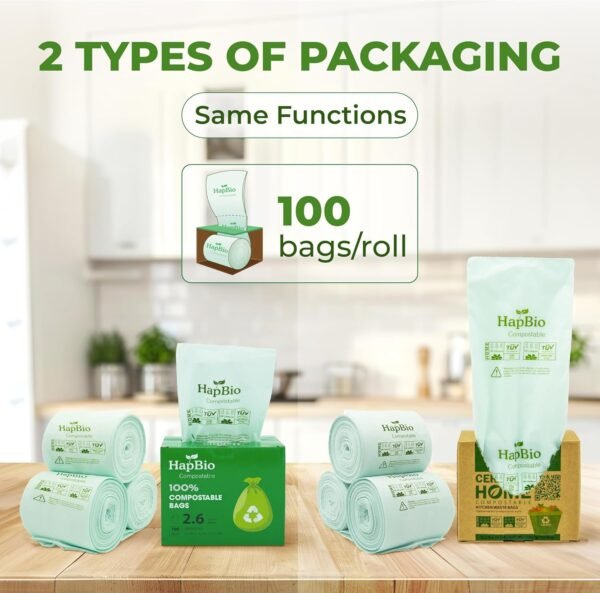 HAPBIO 2.6 Gallon Compostable Trash Bags, 100 Count/Roll, 0.67 Mils, Pack 1, Unscented, Small Trash Bags, BPI OK Compost Home, Recycle Food Scrap Waste Bags for Countertop Bin, Kitchen - Image 3