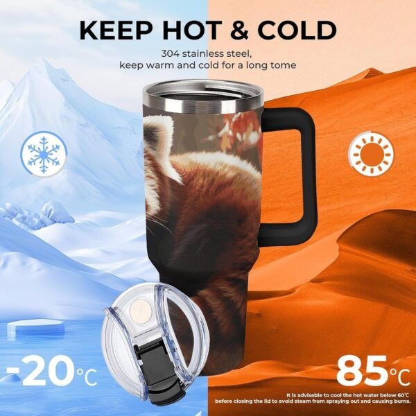 40 Oz Tumbler with Straw 304 Stainless Steel Water Bottle with Handle Lid Travel Mug Reusable Car Red Panda Cup for Home Office Outdoor Suitable - Image 5