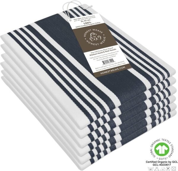 GOTS Certified Organic Cotton Kitchen Hand and Dish Towel Sets - Oversized 20x30 inches, Fully Hemmed, in Designer Colors, 6-Pack, Black Stripe - Image 3