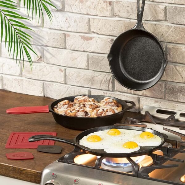 Pre-Seasoned Cast Iron Skillet Set of 3 | 6", 8" & 10" Cast Iron Frying Pans with 3 Heat-Resistant Holders - Indoor and Outdoor Use - Oven Grill Stovetop Induction Safe Cookware - Image 4