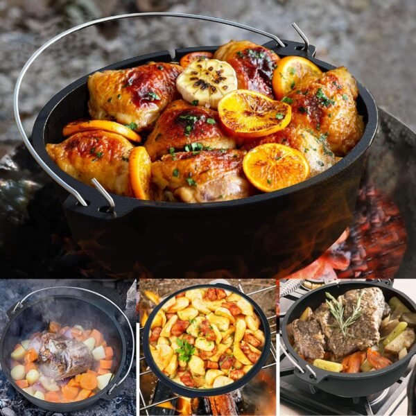 Camping Dutch Oven, 9 Qt Pre-Seasoned Camping Cookware Pot With Lid - Lid Lifter, Cast Iron Deep Pot with Metal Handle for Camping Cooking BBQ Baking Campfire Modern Black - Image 4