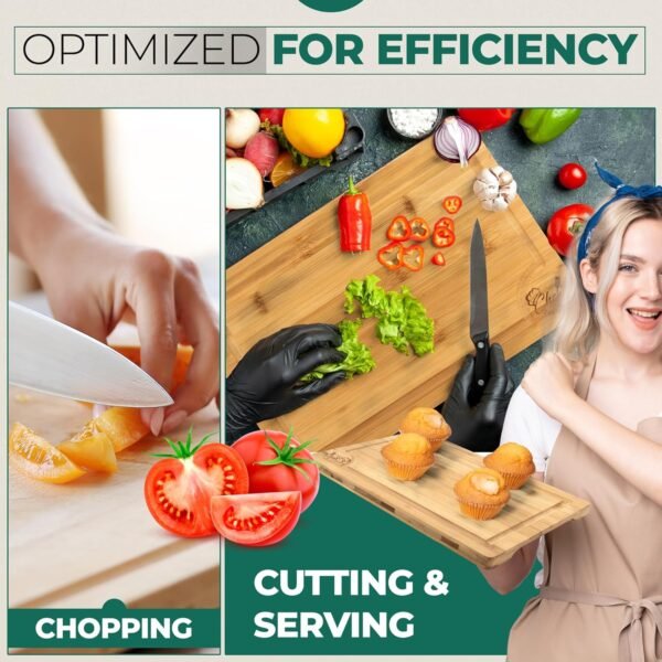 CHEF'S FAVORITE Bamboo Cutting Board Set of 3 - Pre-Oiled Chopping Board with Built-In Handles - Large, Medium, Small Boards - Double-Sided Kitchen Cutting Board - Juice Grooves for Mess-Free Cutting - Image 6