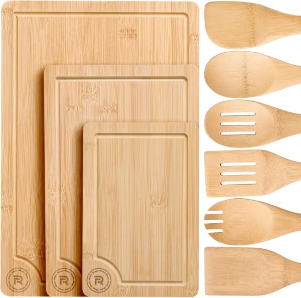 Riveira Bamboo Cutting Boards For Kitchen with Wooden Spoons For Cooking – Set of 3 Pcs Wooden Cutting Board & 6 Bamboo Spoons – Wooden Cutting Boards For Kitchen – Complete Wooden Cooking Utensils