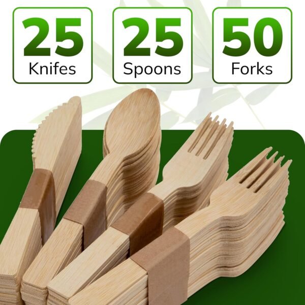 Bamboo Utensils Disposable Cutlery set - Or Reuse, Pack of 100 - Durable for Picnic - 50 Forks, 25 Spoons, and 25 Knives - Camping Products and Party Eating Supplies, Wooden Utensils - Image 2