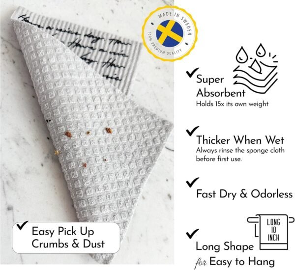 Long Gray 7 Pack Reusable Swedish Dishcloth, for Kitchen and Household Use, Super Absorbency, Made in Sweden, Cellulose Sponge Dish Cloths for Washing Dishes, Paper Towel Replacement - Image 2