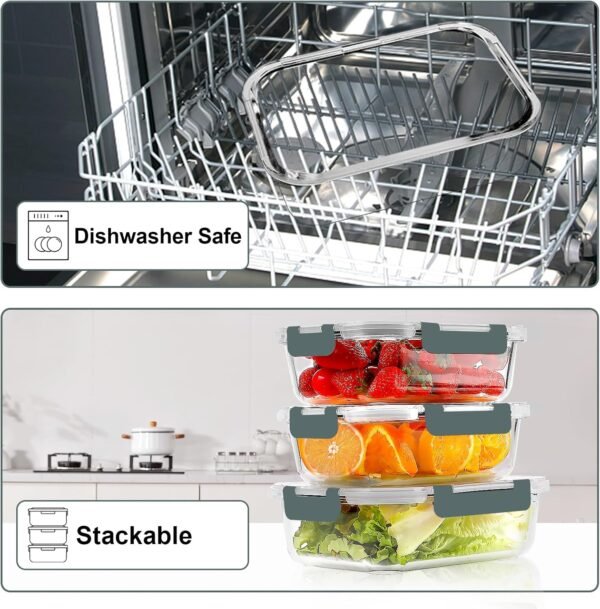 VERONES 10 Pack 22 OZ Glass Meal Prep Containers, Airtight Glass Lunch Containers Set, Glass Food Storage Containers with Lids,Exclusive of BPA, for Microwave, Oven, Freezer & Dishwasher Friendly,Grey - Image 5