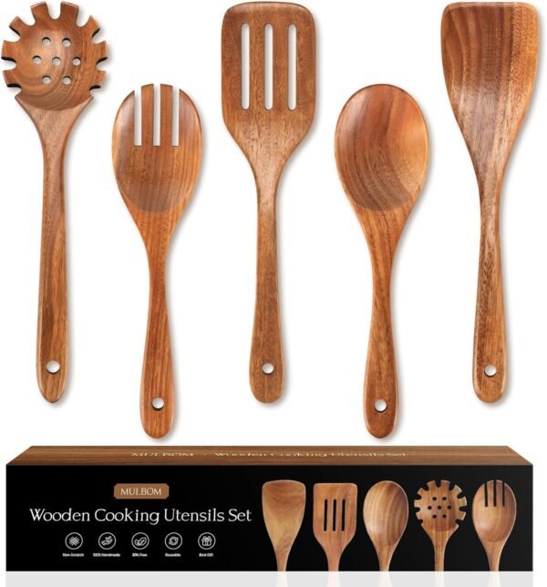 5 PCS Wooden Spoons for Cooking Natural Teak Kitchen Utensils Smooth Non-Stick Surface Cooking Utensils Set Soft Comfort-Grip Wooden Utensils for Cooking