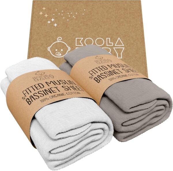 Bassinet Fitted Sheets - Compatible with Baby Delight Beside Me Dreamer Bassinet & Baby Joy Bedside Sleeper | 100% Organic Muslin Cotton - White + Grey | 33X20 (2 Pack) - Image 7