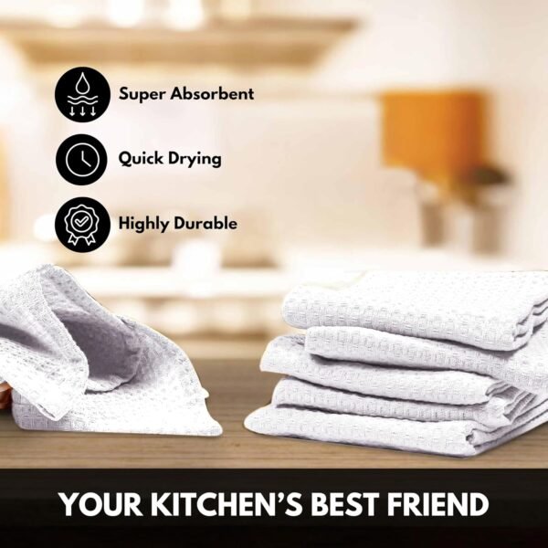 Waffle Kitchen Dish Towel 100% Cotton, Soft Absorbent Quick Drying Hand Cleaning Towel for Multipurpose, Bar, Tea Towel 16x26 Inches, Set of 4, White - Image 2