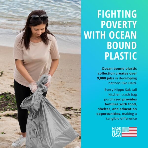 Hippo Sak - Tall Kitchen Garbage Bags with Ergonomic Handles - 13 Gallon Trash Bags Made from Recycled Ocean Bound Plastic - Super Strong and Leak Proof Tall Kitchen Trash Bags (45 Count) - Image 3
