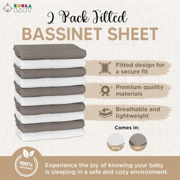 Bassinet Fitted Sheets - Compatible with Baby Delight Beside Me Dreamer Bassinet & Baby Joy Bedside Sleeper | 100% Organic Muslin Cotton - White + Grey | 33X20 (2 Pack) - Image 3