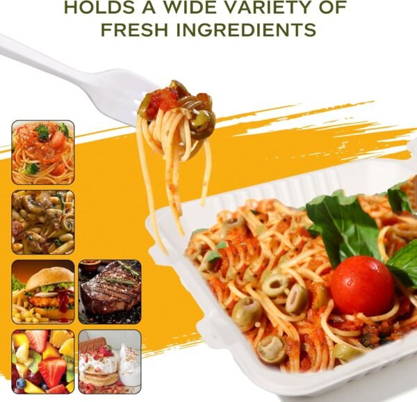 To Go Food Containers with 50 Forks,Disposable Food Containers with Lids,Sugarcane Fiber To Go Boxes,Clamshell Take out Containers for Meal Prep (8"x8" 1-compartment 50 Pack (Natural)) - Image 7