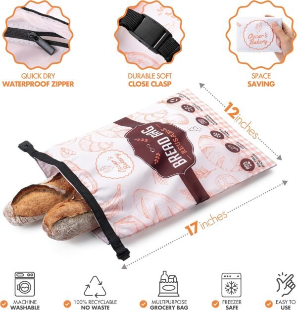 Reusable Bread Bags for Homemade Bread- Sourdough Bread Bags- Freezer Safe, BPA-Free Homemade Bread Storage Bags- Bread Storage Containers with Beeswax Wrap. Retro Orange- 2 Pack- Oscar's Bakery - Image 6