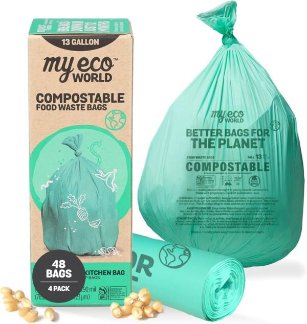 Compostable Food Waste Bag - 48 Count - 100% BPI Certified Compostable - AS5810 & EN13432 Compliant - Large - 13 Gallon - Super Strong - Leak Proof - Unscented - Easy to Open - Kitchen Bag