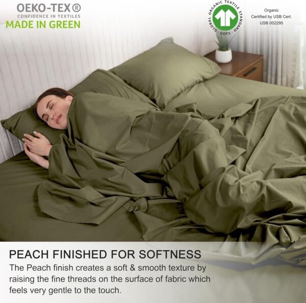 RUVANTI 100% Organic Cotton Sheets - Queen Sheet Set - Certified for GOTS - Breathable & Comfortable - Soft & Cooling Percale Bed Sheets Queen Size Set - Deep Pocket 15" - 4 Pcs - Olive - Image 5