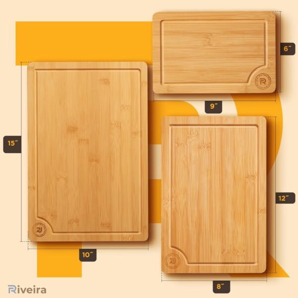 Riveira Bamboo Cutting Boards For Kitchen with Wooden Spoons For Cooking – Set of 3 Pcs Wooden Cutting Board & 6 Bamboo Spoons – Wooden Cutting Boards For Kitchen – Complete Wooden Cooking Utensils - Image 5