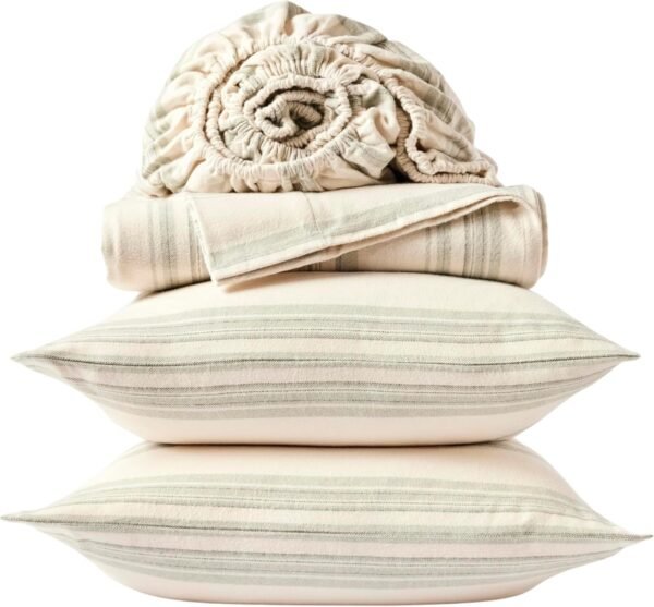 Coyuchi Cloud Brushed Organic Flannel Sheet Set, Juniper Herringbone Stripe (Queen)