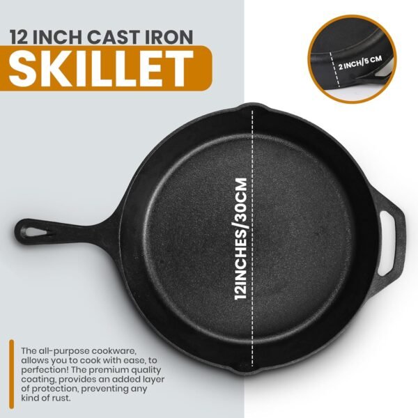 Utopia Kitchen 12 inch Saute Fry Pan Pre-Seasoned Cast Iron Skillet With Lid, Frying Pan, Cast Iron Pan, Safe Grill Cookware for Indoor & Outdoor Use - Black - Image 2