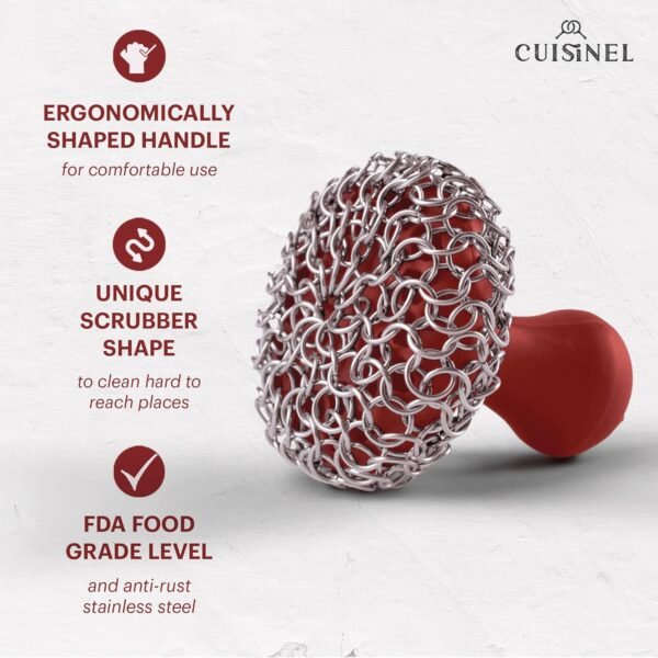 Cuisinel Cast Iron Chainmail Scrubber + Pan Scraper - The Patented Original Ergonomic Stainless & Silicone Pot & Skillet Cleaner - Premium Food-Safe Design - Easy Clean Dishwasher Safe Cookware Sponge - Image 3