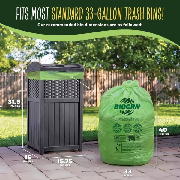 33 Gallon Compostable Trash Bags Flat-Top, Heavy Duty Extra Thick 1.57 Mil, 124.92 Liter, 30 Bags, Large Lawn and Yard Waste Bag, ASTM D6400, US BPI and OK Compost Home Certified - Image 2