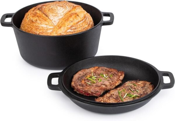 Pre-Seasoned Cast Iron Dutch Oven Casserole Pot - Cast Iron Skillet Lid – 2 in 1 Cooking Cookware Pan Set – Dutch Oven Pot with Lid – Black, 5 Quarts, 26cm – by Nuovva - Image 7