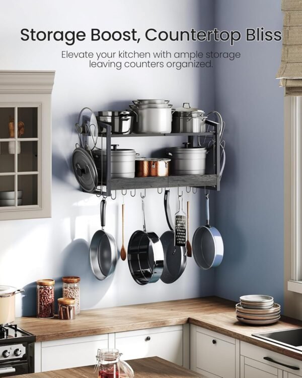 Hanging Pot Rack, Pot Rack Wall Mounted, 2-Tier Kitchen Pot and Lid Organizer, Wall-Mounted Cookware Holder with 12 Hooks, for Kitchen Storage of Pots, Pans, Utensils, Charcoal Black TPR02BC - Image 5