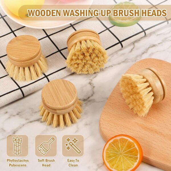 Bamboo Dish Brush,6 Replacement Heads,Natural Washing Up Brushes Heads,Soft Sisal Bristle Dish Scrubber, Dish Scrub Brush Replacement Brush Refill,Palm Brush for Kitchen Cleaning Pots Pans - Image 2