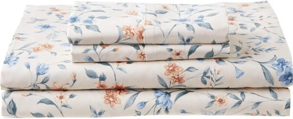 Azores 300 Thread Count Organic Cotton Deep Pocket Bed Sheet Set, Fits up to 19 Inch Mattress - Queen, Carolina/Cream