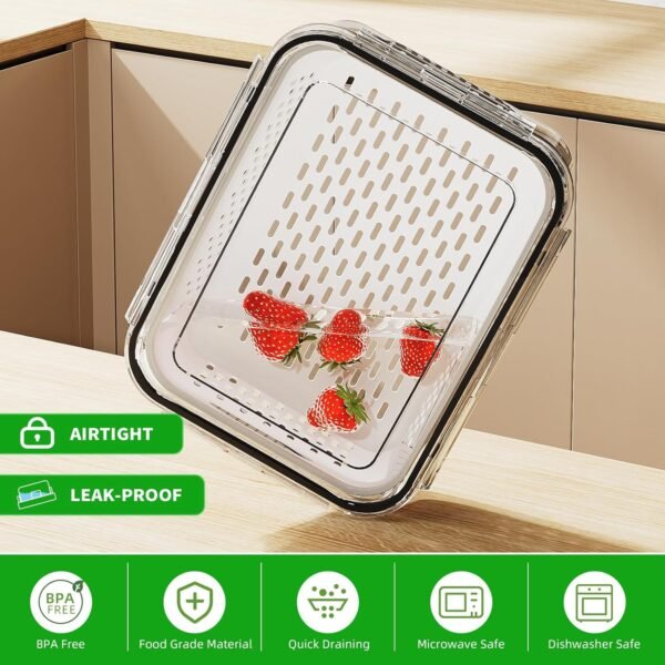 6 PCS Large Fruit Storage Containers for Fridge, Airtight Food Storage Containers with Removable Colander, Dishwasher & Microwave Safe, Berries Containers Keep Vegetables, Fruits Fresh Longer - Image 6