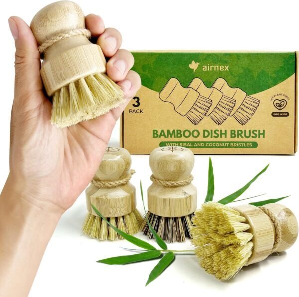 Bamboo Dish Brush Set of 3, 100% Plant-Based Kitchen Dish Brush Bamboo with Sisal and Coconut Bristles, 2 Brush Types, No Scratch Wood Sish Scrub Brush for Dishes, Quick-Drying, Odor Free