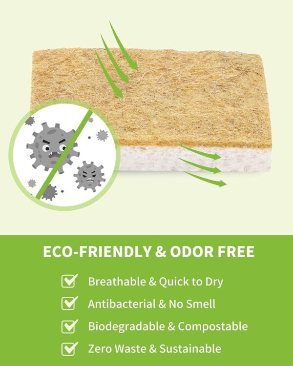 Biodegradable Natural Kitchen Sponge 12Pack, Compostable Cellulose and Coconut Walnut Scrubber Sponge - Image 4