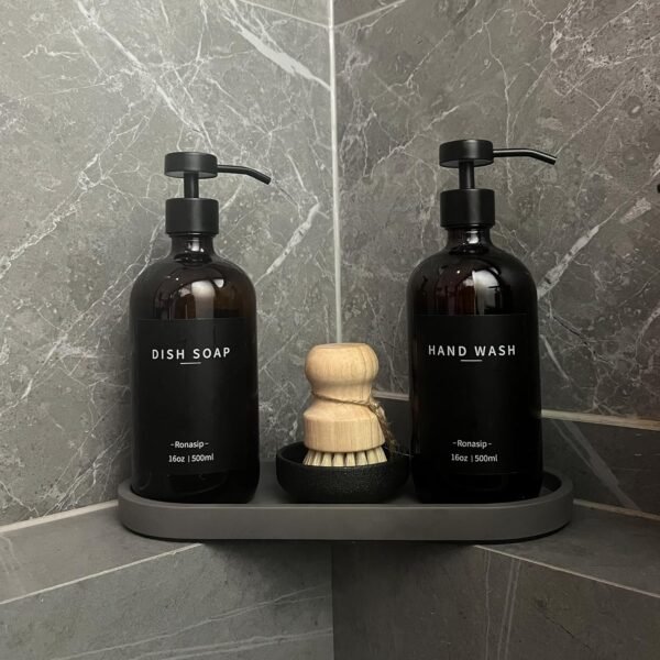 Set of 5 Kitchen Soap Dispenser Set 16 Oz Glass Hand Dish Soap Dispenser with Stainless Steel Pump, Cement Tray, Dish Scrub Brush for Farmhouse Rustic Home Bathroom Decor (Brown) - Image 9