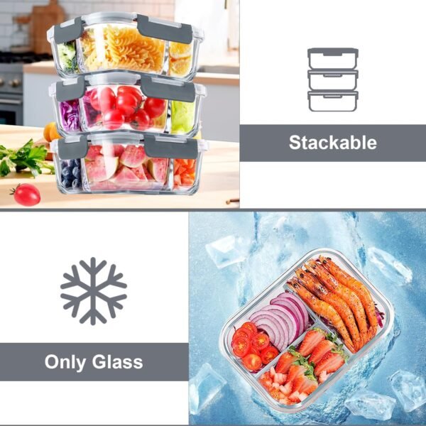 VERONES 5 Pack Glass Meal Prep Containers 3 Compartment Set, 36OZ Airtight Glass Lunch Containers, Glass Food Storage Containers with Lids, for Microwave, Oven, Freezer & Dishwasher Friendly,Grey - Image 4