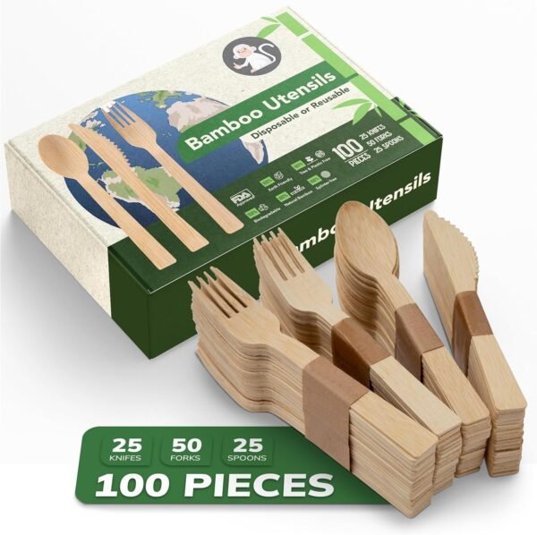 Bamboo Utensils Disposable Cutlery set - Or Reuse, Pack of 100 - Durable for Picnic - 50 Forks, 25 Spoons, and 25 Knives - Camping Products and Party Eating Supplies, Wooden Utensils