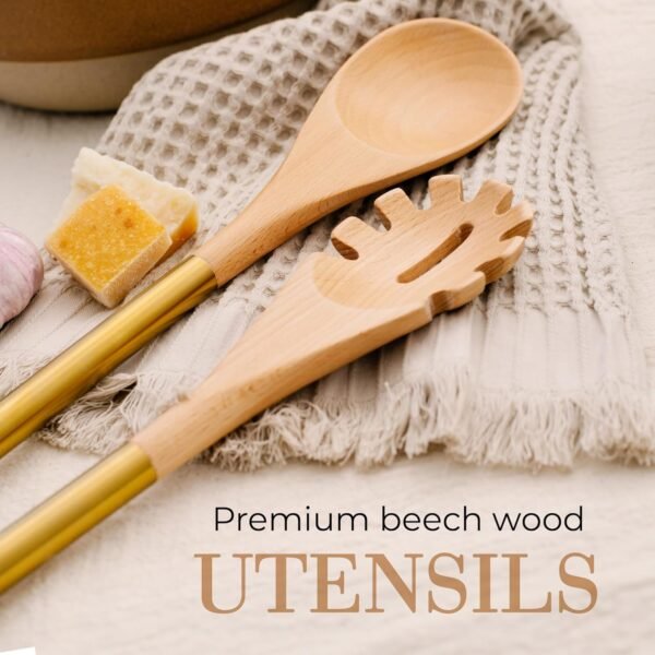 Wooden Utensil Set with Gold Stainless Steel Handles - 6 Piece Wooden Cooking Utensils for Nonstick Cookware - Stylish Wood and Gold Cooking Utensils for Modern Kitchens - Great for Gifting - Image 9