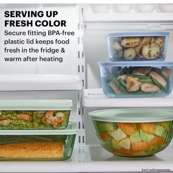 Pyrex Colors (6-Pack, Full Set) Tinted Glass Food Storage Container Set, Snug Fit Non-Toxic Plastic BPA-Free Lids, Freezer Dishwasher Microwave Safe, 3 Cup, 6 Cup & 11 - Image 4