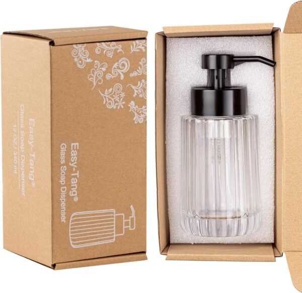 Easy Tang Glass Foaming Soap Dispenser with Black Pump, 12 OZ Vintage-Inspired Modern Glass Refillable Bottle for Bathroom Vanity Countertop and Kitchen - Image 2