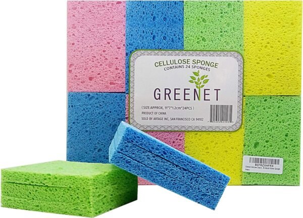 Cellulose Sponges Kitchen, for Washing Dishes, in Bulk, 24 Pack (3 Count x 8 Individually Wrapped + 2 Free Scouring Pads), 100% Natural Biodegradable