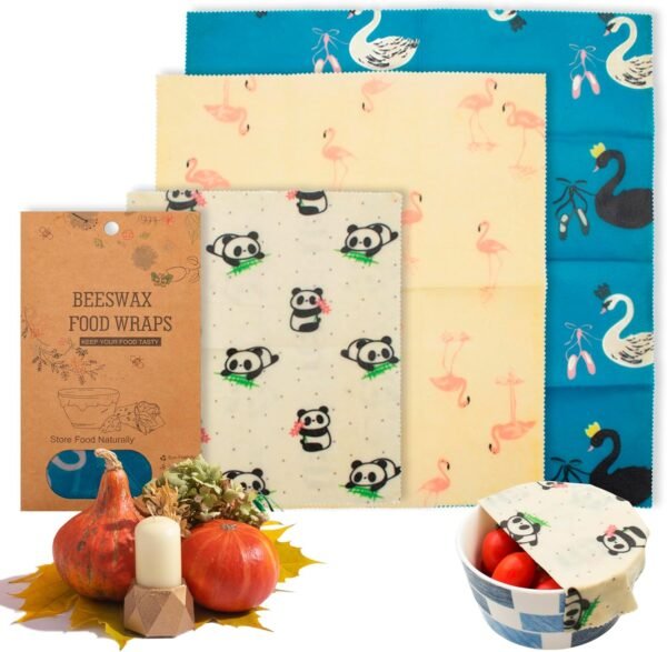 EZGOODZ Reusable Beeswax Food Wraps S, M, L. Pack of 3 Organic Reusable Beeswax Wrap with Animal Print. Washable Bee Wax Paper Food Wrap for Sandwiches, Bowls. Sturdy Beeswax Wraps for Food Reusable
