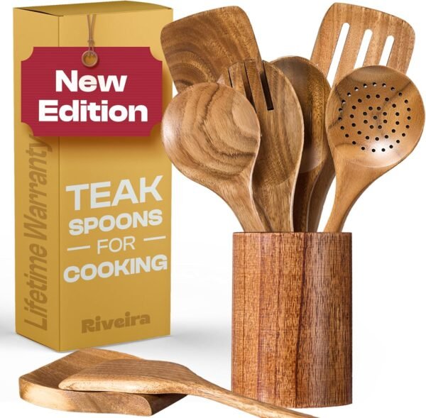 Riveira 9 Pieces Teak Wooden Spoons For Cooking – Premium & Durable Organic Teak Wooden Cooking Utensils – Non Stick Wooden Spatula For Cooking – Non Toxic Wooden Utensil Set With Holder & Spoon Rest