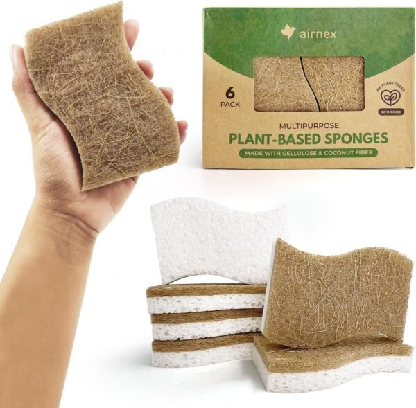 Natural Kitchen Sponges Pack of 6 - Cellulose and Coconut Husk Dishwashing Sponges - Odor Free Non Scratch Walnut Scrubber Sponges - Eco Friendly Quick Drying Scrub Sponges for Washing Dishes