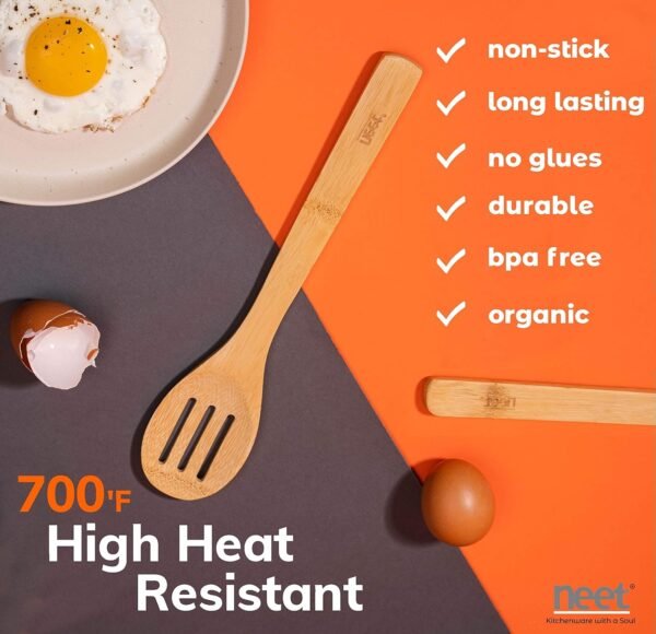 Neet Wooden Spoons For Cooking 6 Piece Organic Bamboo Utensil Set With Holder Wood Kitchen Utensils Spatula Spoon For High Heat Stirring In Nonstick Pots & Pans Quality Gift & Everyday Use - Image 6