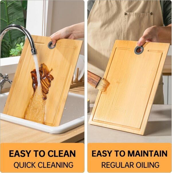 Bamboo Cutting boards for Kitchen, Wood Cutting board with Non-Slip Rubber Feet, Juice Groove & Tilt Handle, Non-Slip Chopping Board for Meat, Fruit for Prep, Pre Oiled, 12" x 8" x 0.6" - Image 7