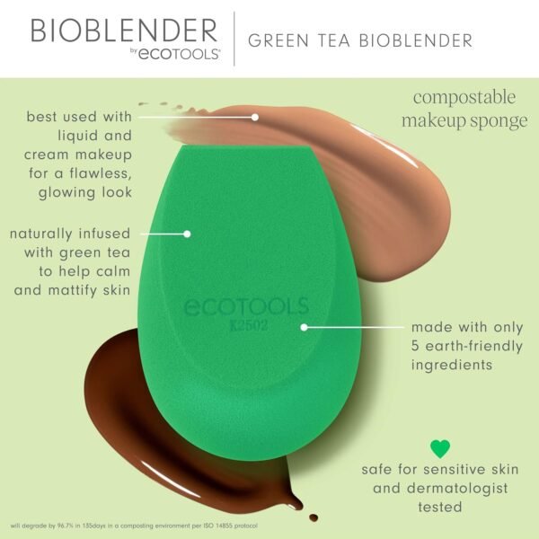 EcoTools Green Tea Bioblender, Compostable Makeup Blending Sponge, For Foundation & Base Coverage, Skin-Calming, Natural Infusion, Cruelty Free & Vegan, Packaging May Vary, 1 Count - Image 4