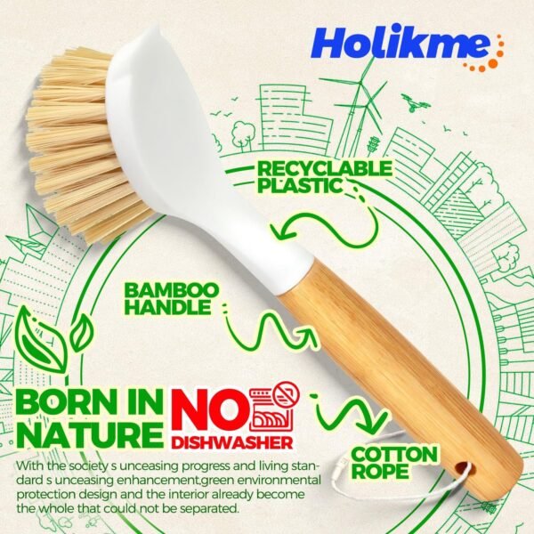 Holikme 3 Pack Dish Brush Set with Bamboo Handle, Kitchen Scrub Brush for Cleaning Dish, Pot, Sink and Stove, Skillet Scrubber with Tough Bristles for Cast Iron Grill Pan, Yellow White Black - Image 5